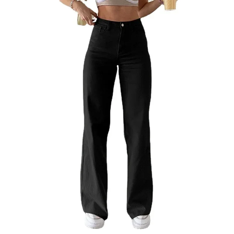 Women High-waisted Straight Jeans Casual Trousers Solid Color Loose and Slim European and American Style