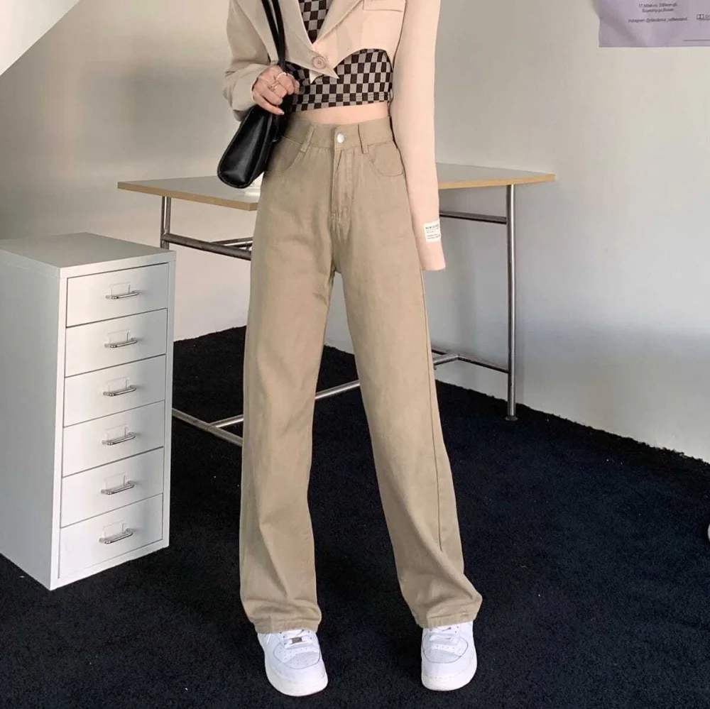 Women Khaki  Jeans Vintage High Waist Straight Loose Wide Leg Pants Fashion Casual Trousers Mopping Pants