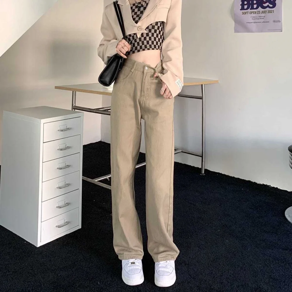 Women Khaki  Jeans Vintage High Waist Straight Loose Wide Leg Pants Fashion Casual Trousers Mopping Pants