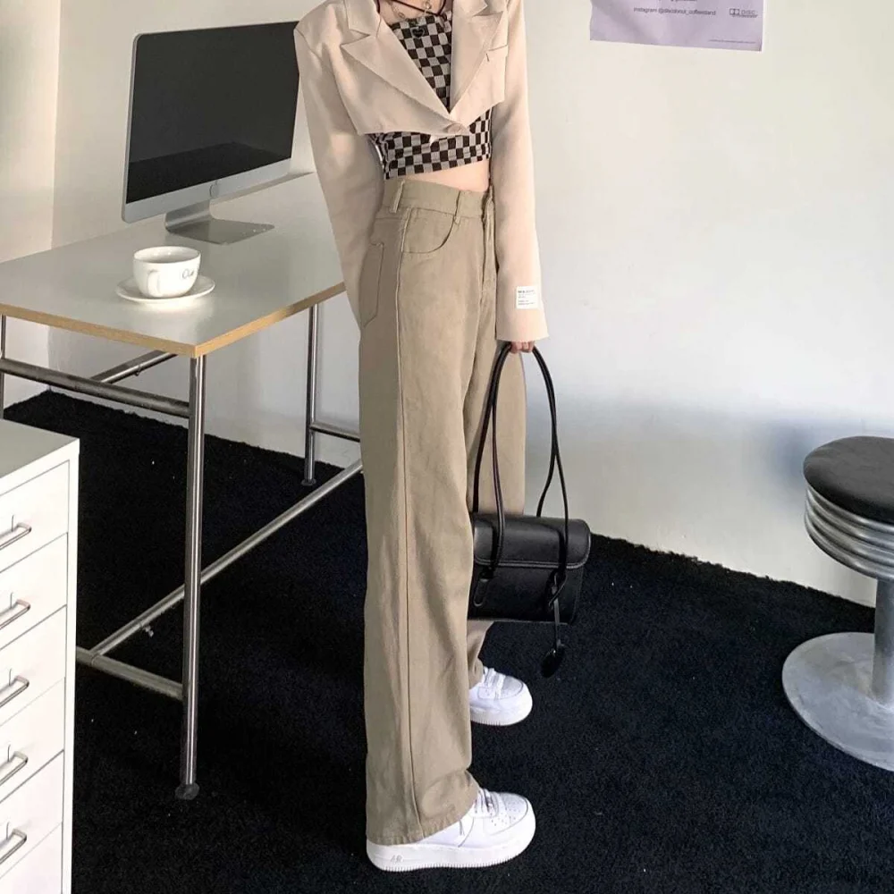 Women Khaki  Jeans Vintage High Waist Straight Loose Wide Leg Pants Fashion Casual Trousers Mopping Pants