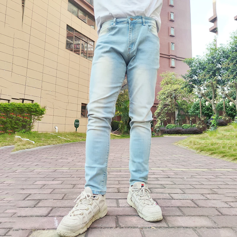 Men's All-match Light Blue Jeans Slim Pants Four Seasons Street Wear Elasticity Body Denim Trousers Plus Size