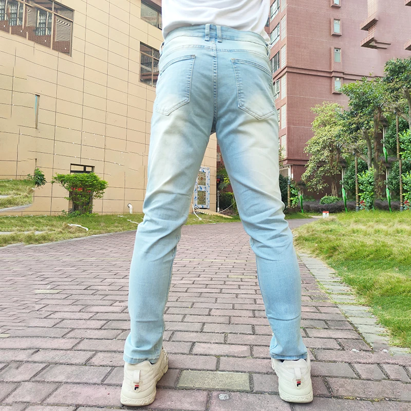 Men's All-match Light Blue Jeans Slim Pants Four Seasons Street Wear Elasticity Body Denim Trousers Plus Size