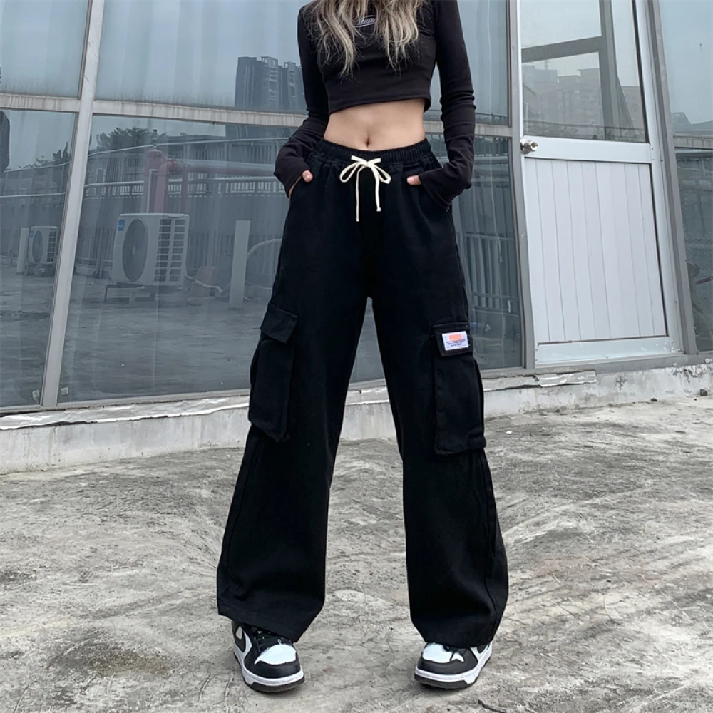 Women Vintage Street High-waisted Washed Denim Pants Lace-up Loose Trendy Cool Overalls Wide Leg Trousers