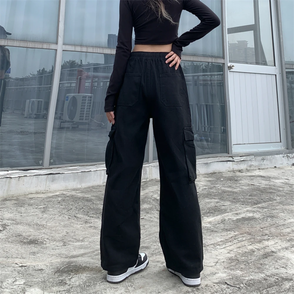 Women Vintage Street High-waisted Washed Denim Pants Lace-up Loose Trendy Cool Overalls Wide Leg Trousers