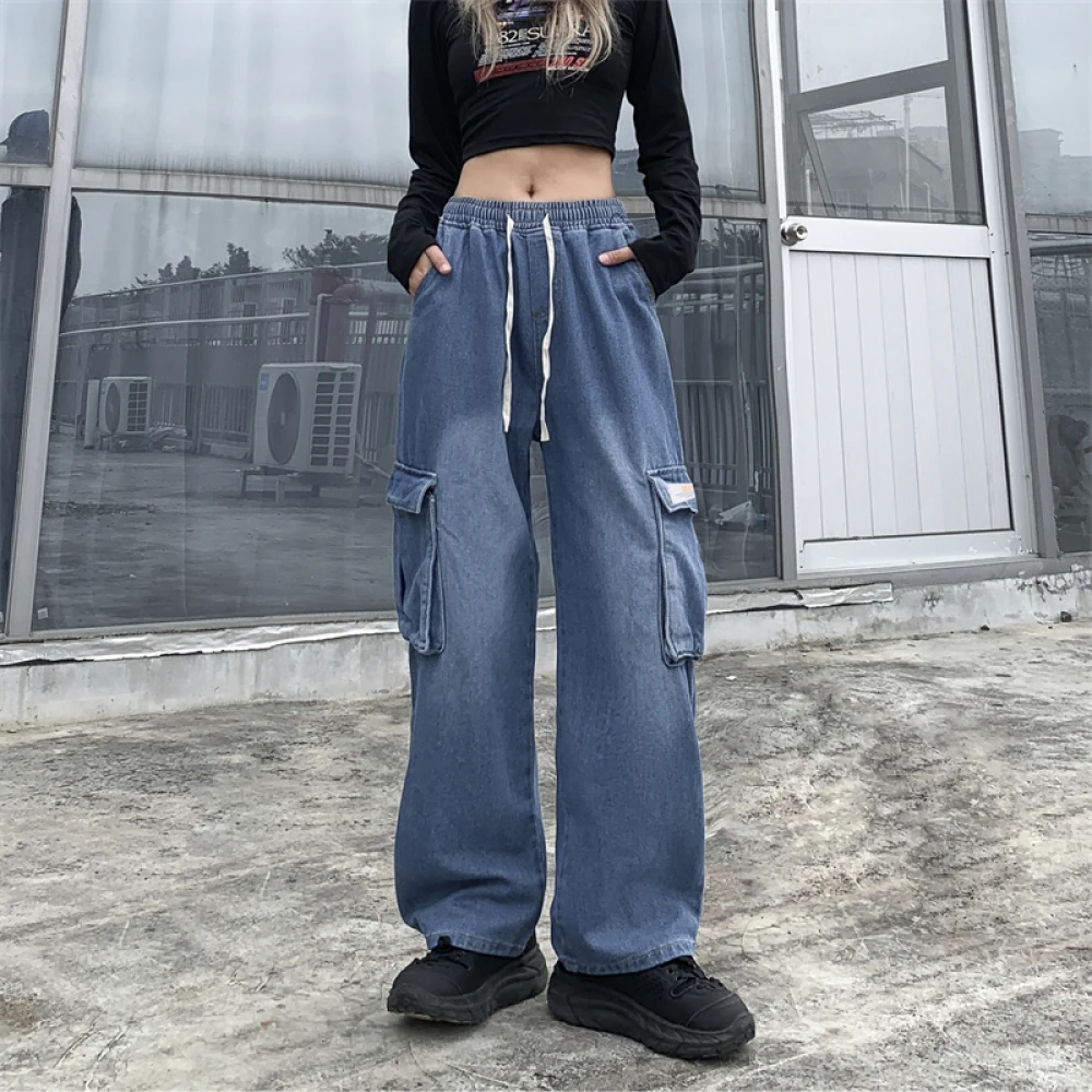 Women Vintage Street High-waisted Washed Denim Pants Lace-up Loose Trendy Cool Overalls Wide Leg Trousers