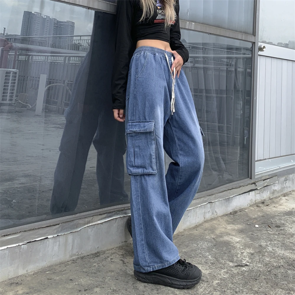 Women Vintage Street High-waisted Washed Denim Pants Lace-up Loose Trendy Cool Overalls Wide Leg Trousers