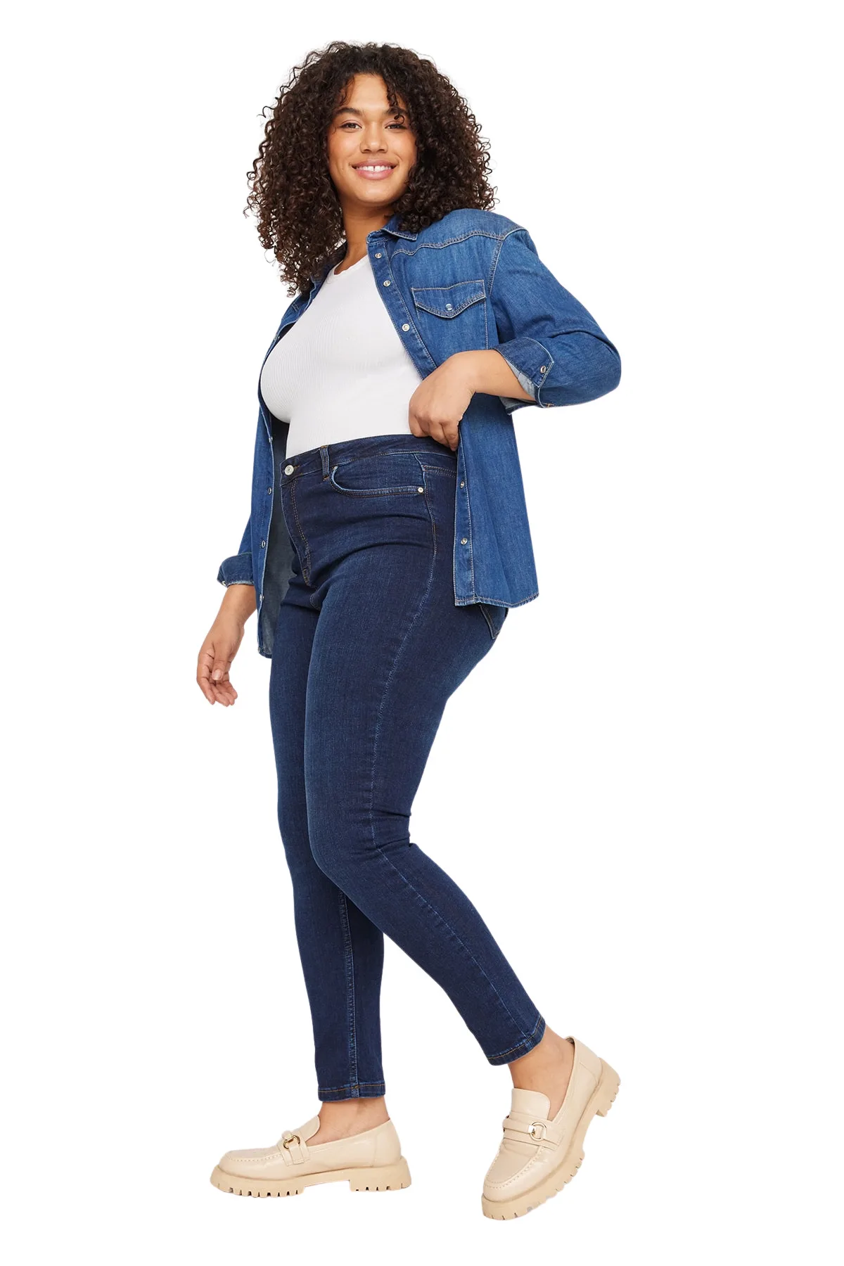 Women Curve Plain High Waist Denim Plus Size Jeans