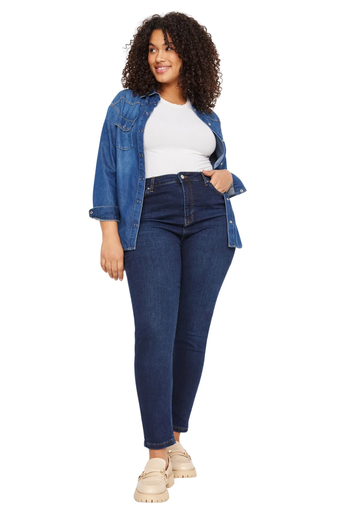 Women Curve Plain High Waist Denim Plus Size Jeans