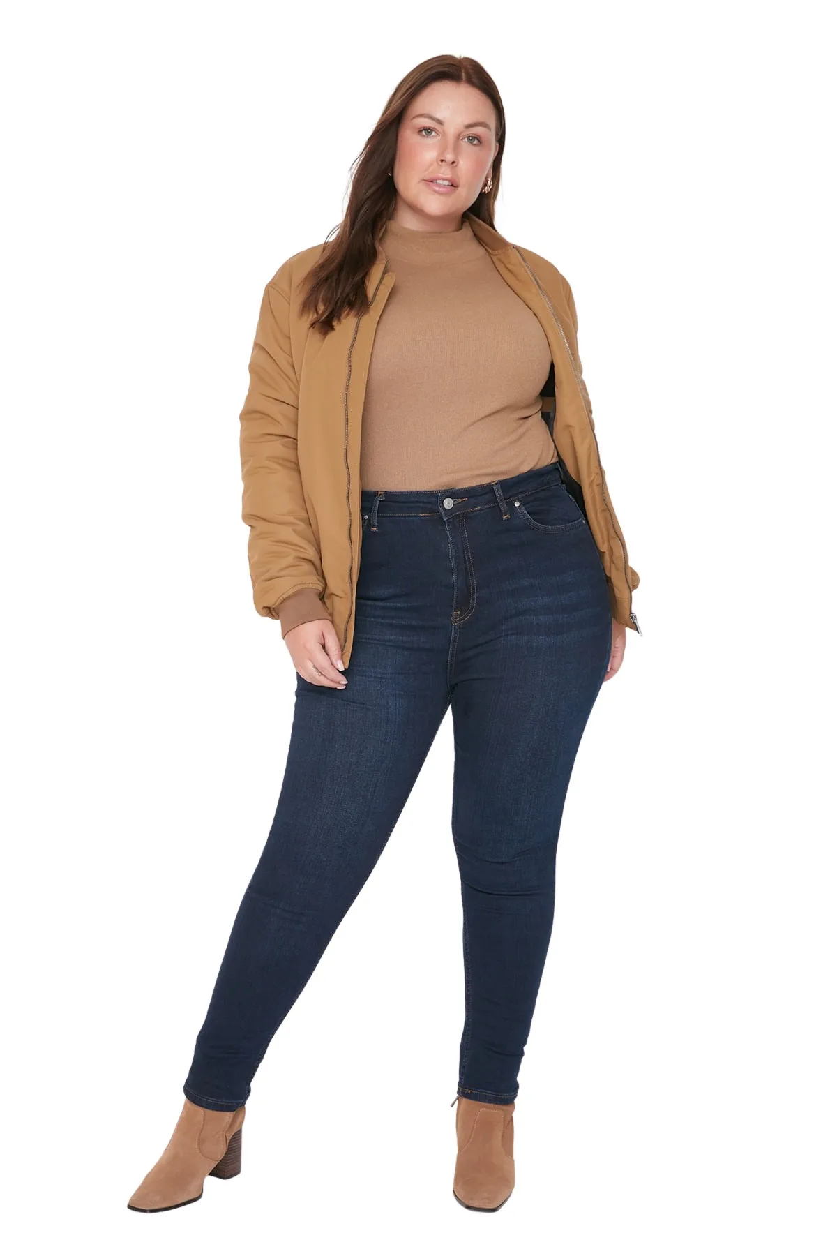 Women Curve Plain High Waist Denim Plus Size Jeans