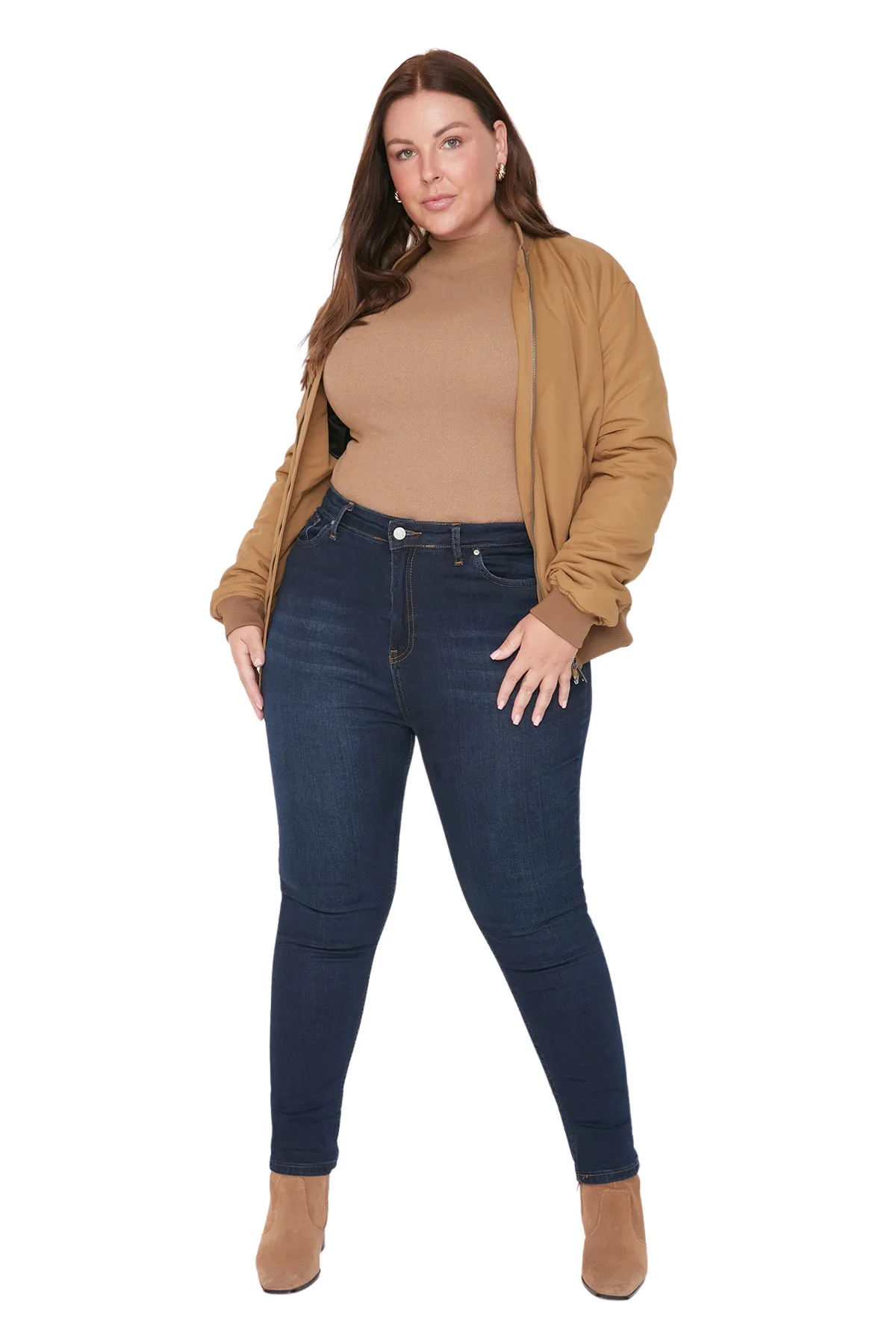 Women Curve Plain High Waist Denim Plus Size Jeans