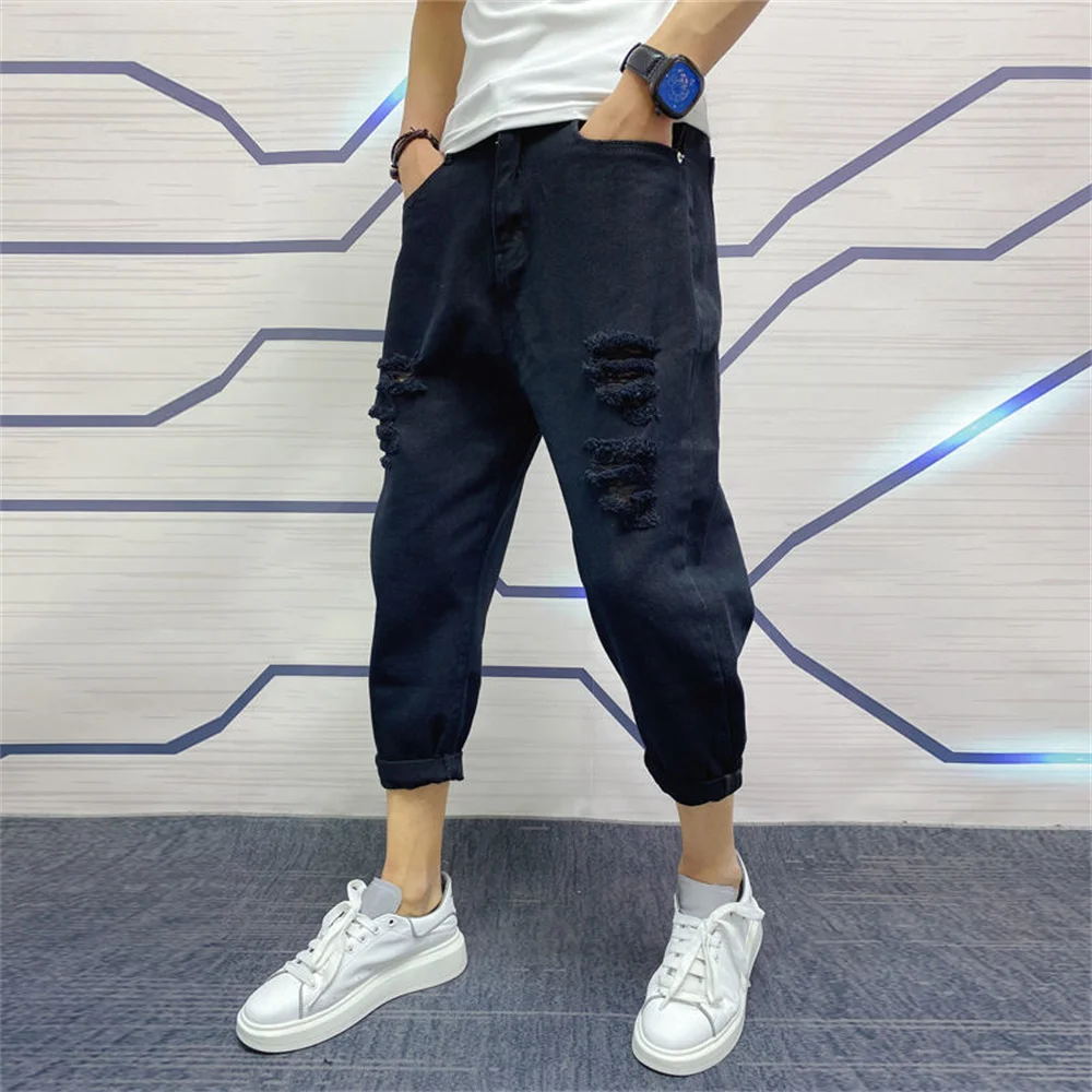 Men's Ripped Hole Jeans Ankle Length Youth Fashion Loose Denim Harem Cargo Pants