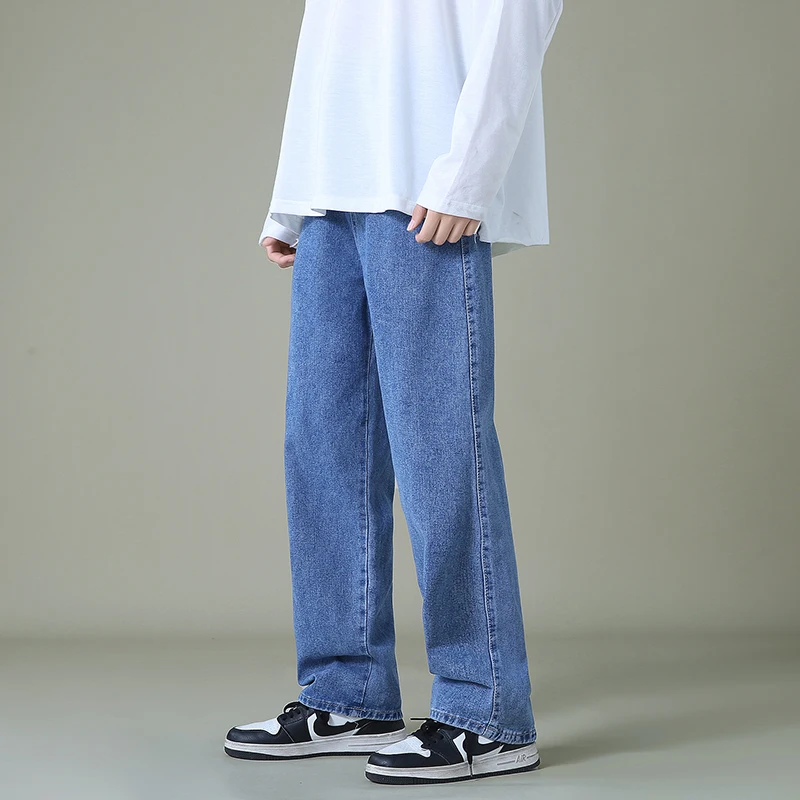 Men Denim Wide-leg Pants Style Straight Light Blue Baggy Jeans Elastic Waist Student Trousers
