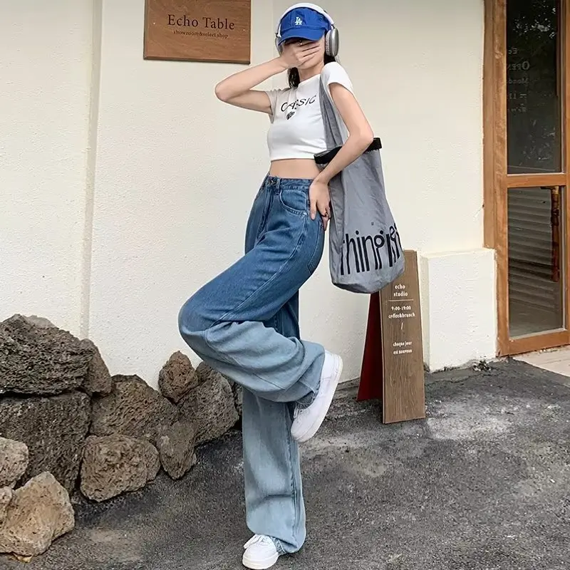 Women's Bottoms Vintage Gradient Jeans Casual Baggy Wide Leg Straight Pants Fashion Mopping Denim Trouser