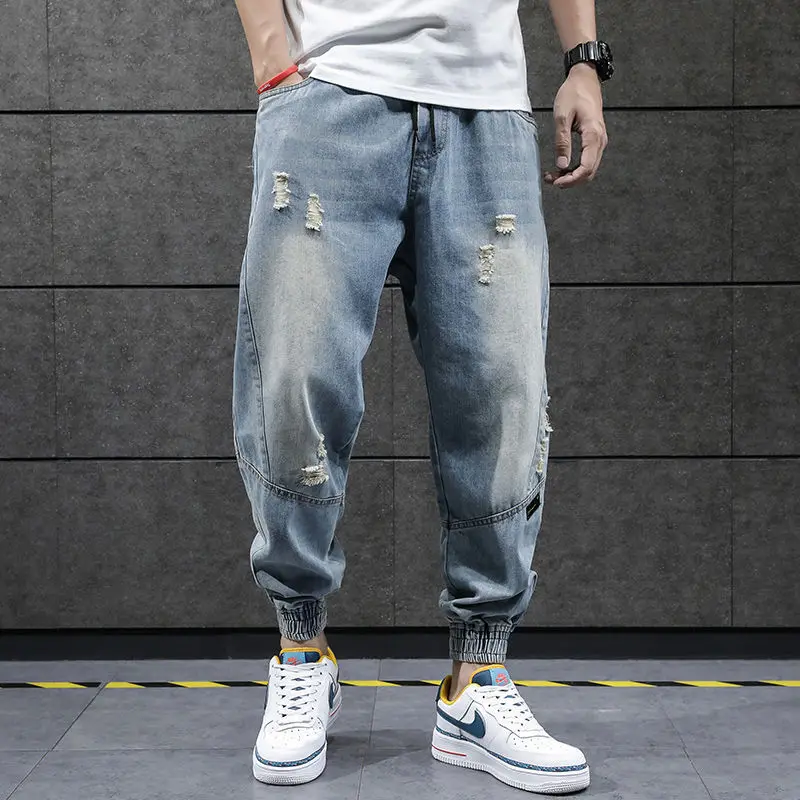 Men Hip Hop Harem Jeans Pants Loose Joggers Denim Casual Sweatpants Ankle Length Trousers Streetwear Clothes