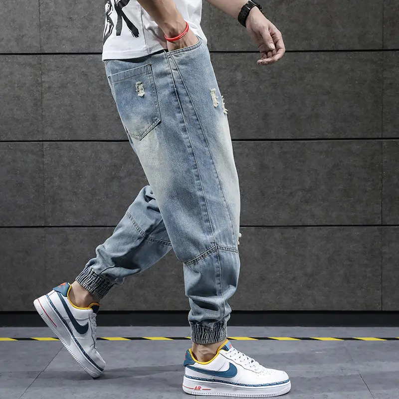 Men Hip Hop Harem Jeans Pants Loose Joggers Denim Casual Sweatpants Ankle Length Trousers Streetwear Clothes