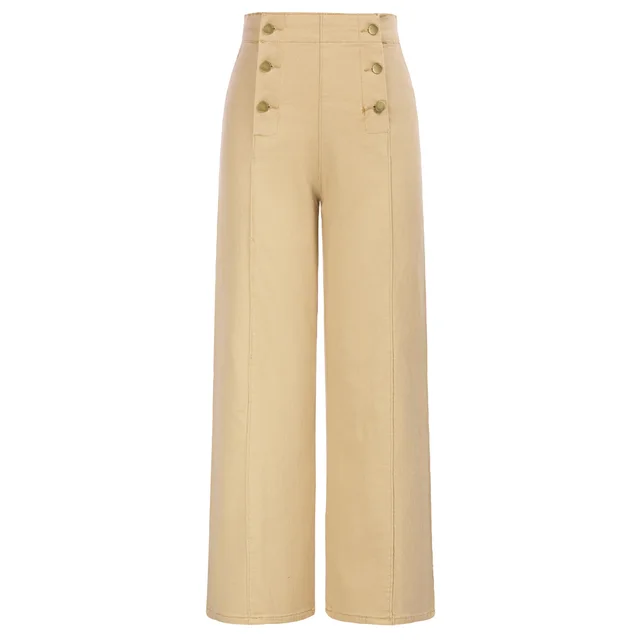 Women's High Waisted Wide Leg Pants Vintage Button Decorated Casual Stretchy Trousers With Pockets Baggy Pants