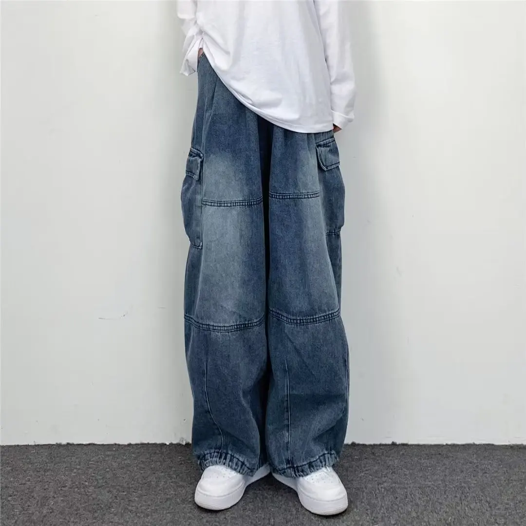 Women Men Vintage Streetwear Baggy Cargo Jeans High Waisted Straight Wide Leg Pants