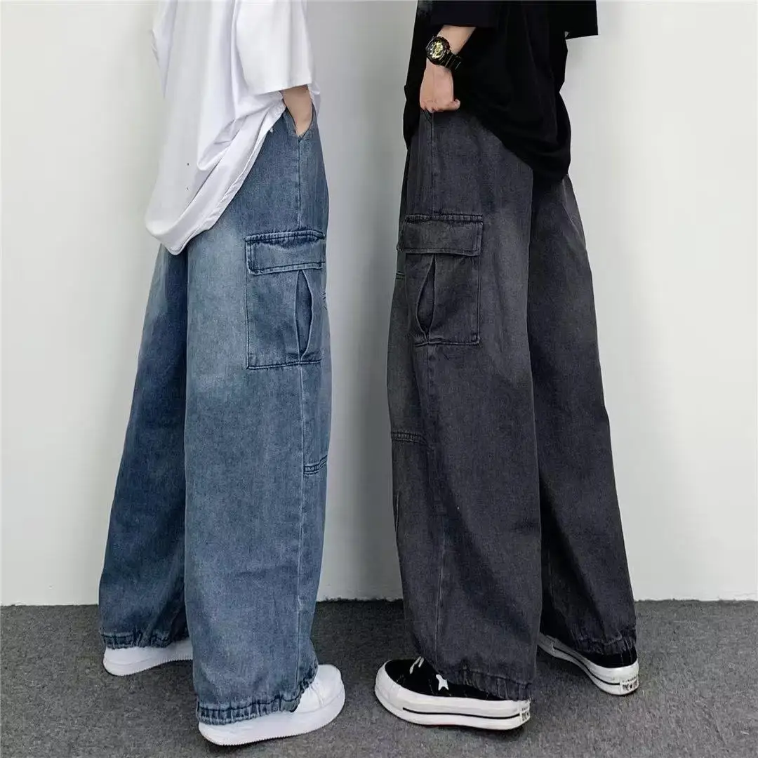 Women Men Vintage Streetwear Baggy Cargo Jeans High Waisted Straight Wide Leg Pants