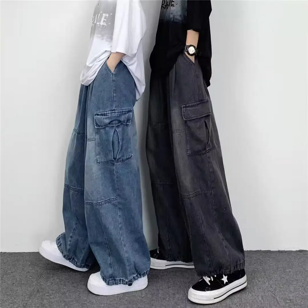 Women Men Vintage Streetwear Baggy Cargo Jeans High Waisted Straight Wide Leg Pants