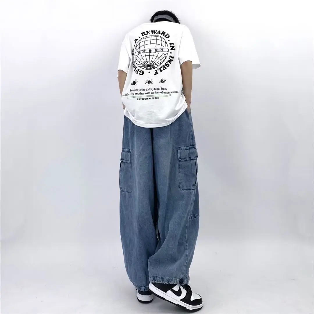 Women Men Vintage Streetwear Baggy Cargo Jeans High Waisted Straight Wide Leg Pants