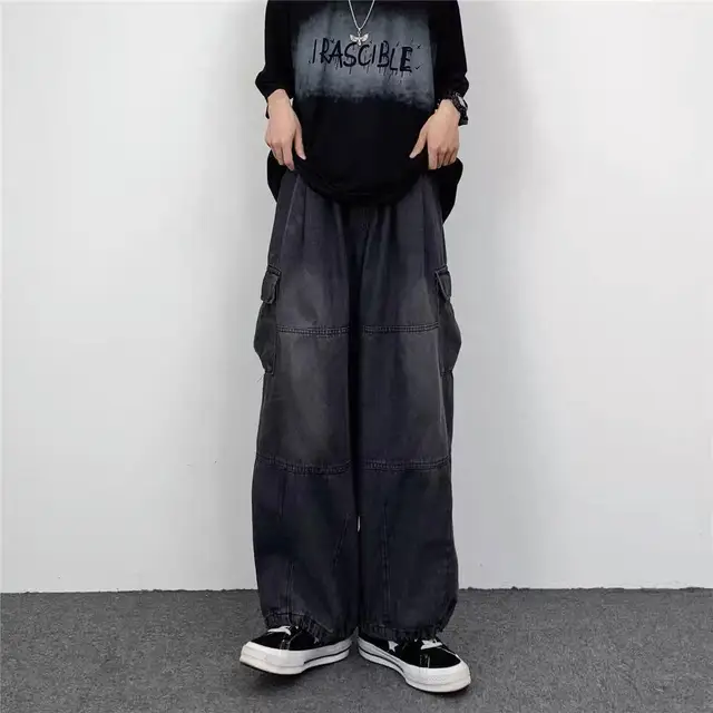 Women Men Vintage Streetwear Baggy Cargo Jeans High Waisted Straight Wide Leg Pants