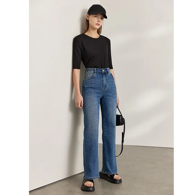 Women Straight Trousers Cotton Denim High Waist Wide Leg Casual Loose Pants