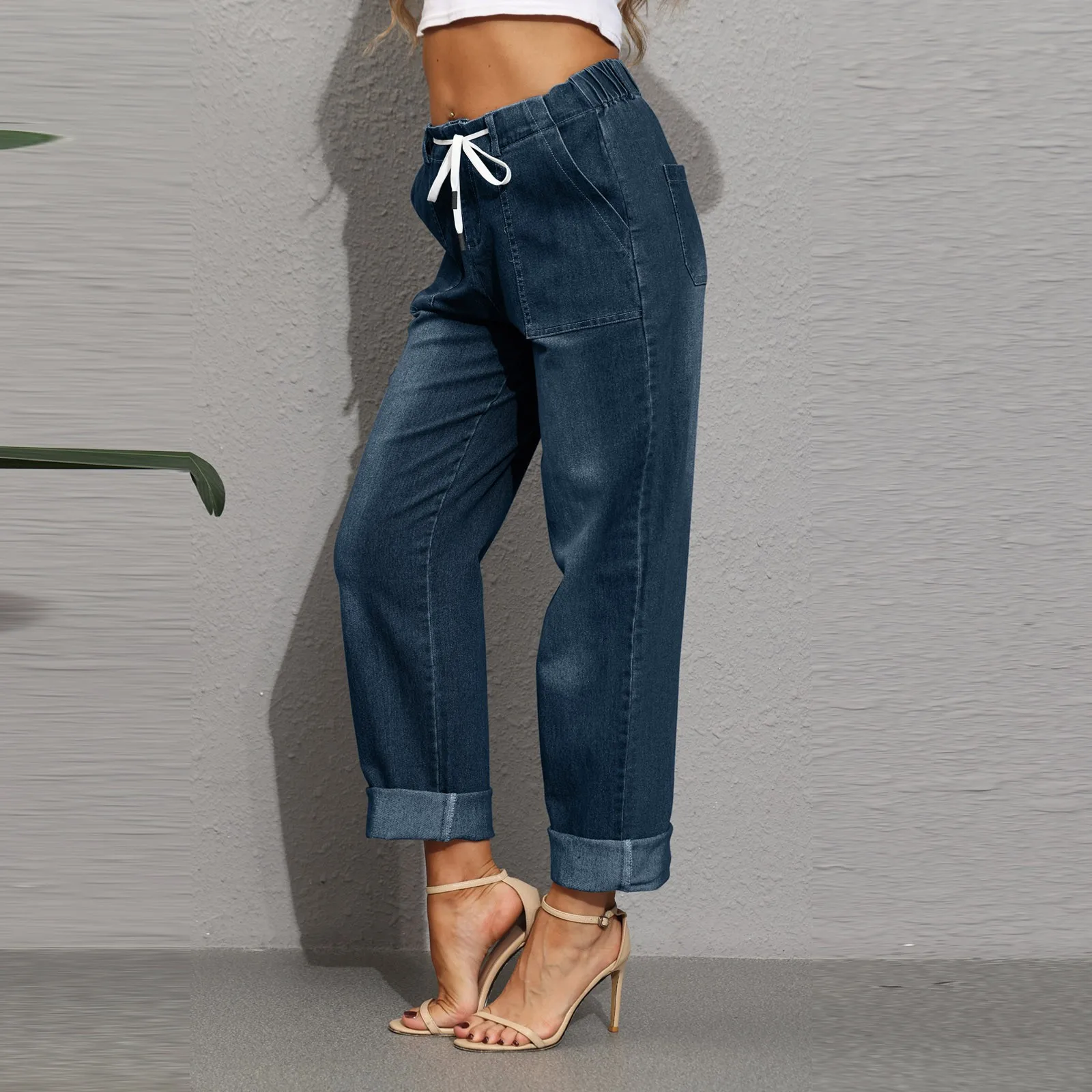 Women's Jeans Many Buttons Micro Flare Pants Washed Jeans High Waisted Elastic Pocket Tie Jeans