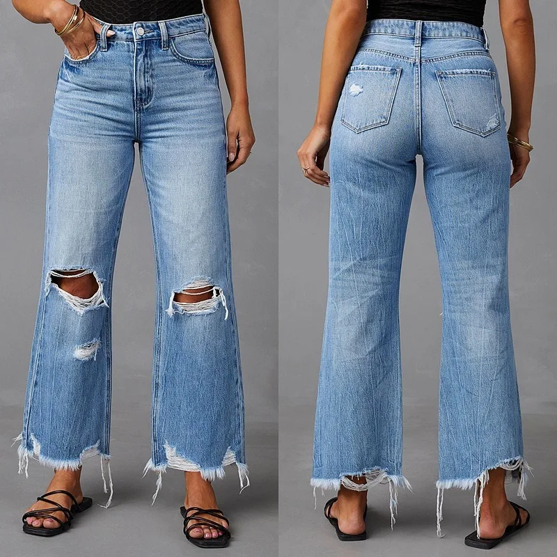 Wide-leg Pants Tassels Washed Ripped Holes Long Jeans Straight-leg Casual Trousers for Women