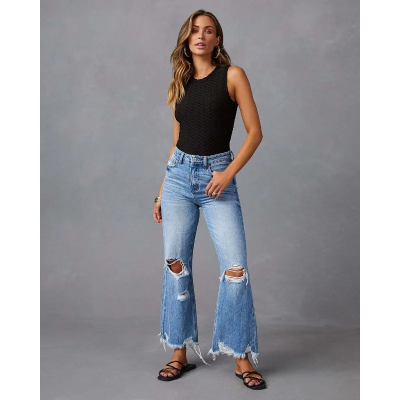 Wide-leg Pants Tassels Washed Ripped Holes Long Jeans Straight-leg Casual Trousers for Women