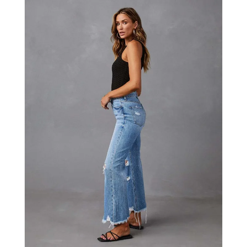 Wide-leg Pants Tassels Washed Ripped Holes Long Jeans Straight-leg Casual Trousers for Women