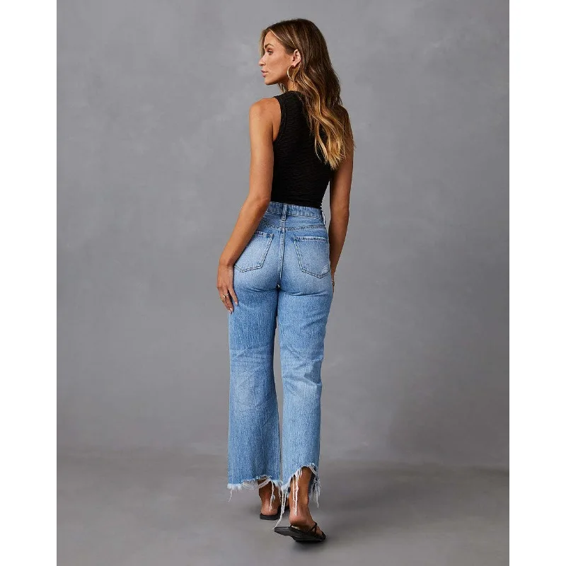 Wide-leg Pants Tassels Washed Ripped Holes Long Jeans Straight-leg Casual Trousers for Women