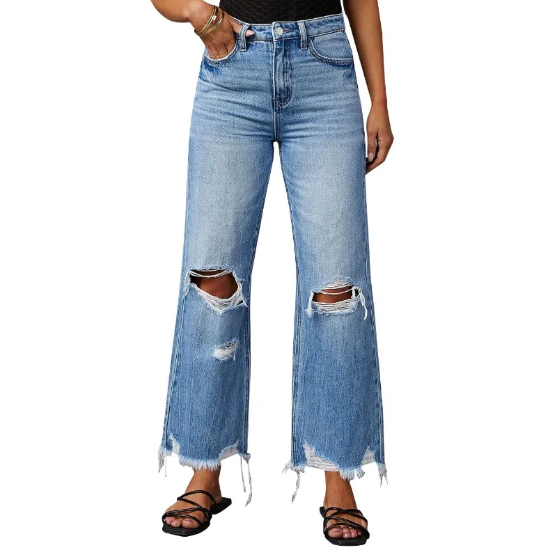 Wide-leg Pants Tassels Washed Ripped Holes Long Jeans Straight-leg Casual Trousers for Women