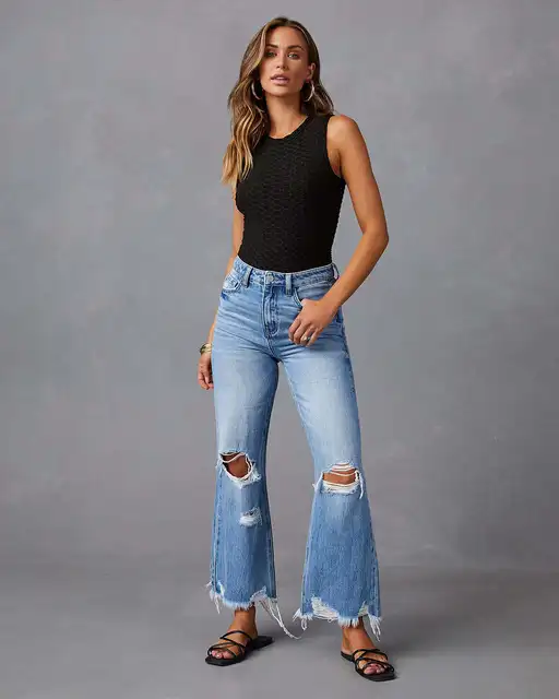 Wide-leg Pants Tassels Washed Ripped Holes Long Jeans Straight-leg Casual Trousers for Women