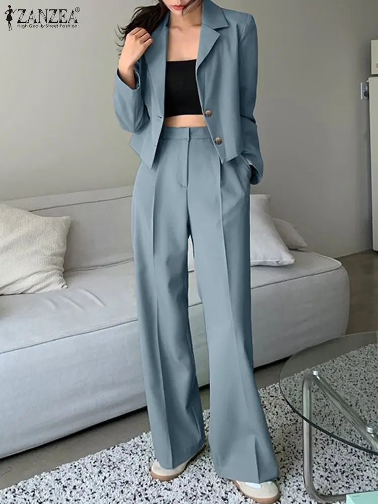 Women Elegant Blazer Suits Solid Fashion Matching Sets Long Sleeve Tops Wide Leg Pants Vintage Casual Suit