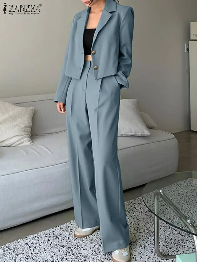 Women Elegant Blazer Suits Solid Fashion Matching Sets Long Sleeve Tops Wide Leg Pants Vintage Casual Suit