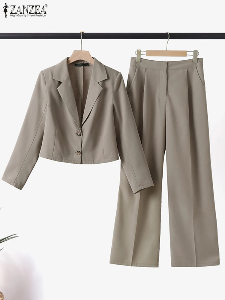 Women Elegant Blazer Suits Solid Fashion Matching Sets Long Sleeve Tops Wide Leg Pants Vintage Casual Suit