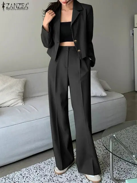 Women Elegant Blazer Suits Solid Fashion Matching Sets Long Sleeve Tops Wide Leg Pants Vintage Casual Suit