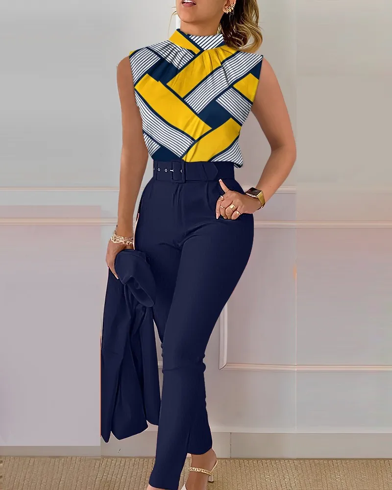 Women  Stand Collar Sleeveless Top High Waist Pants Work Printing 2 Pieces Suit Set