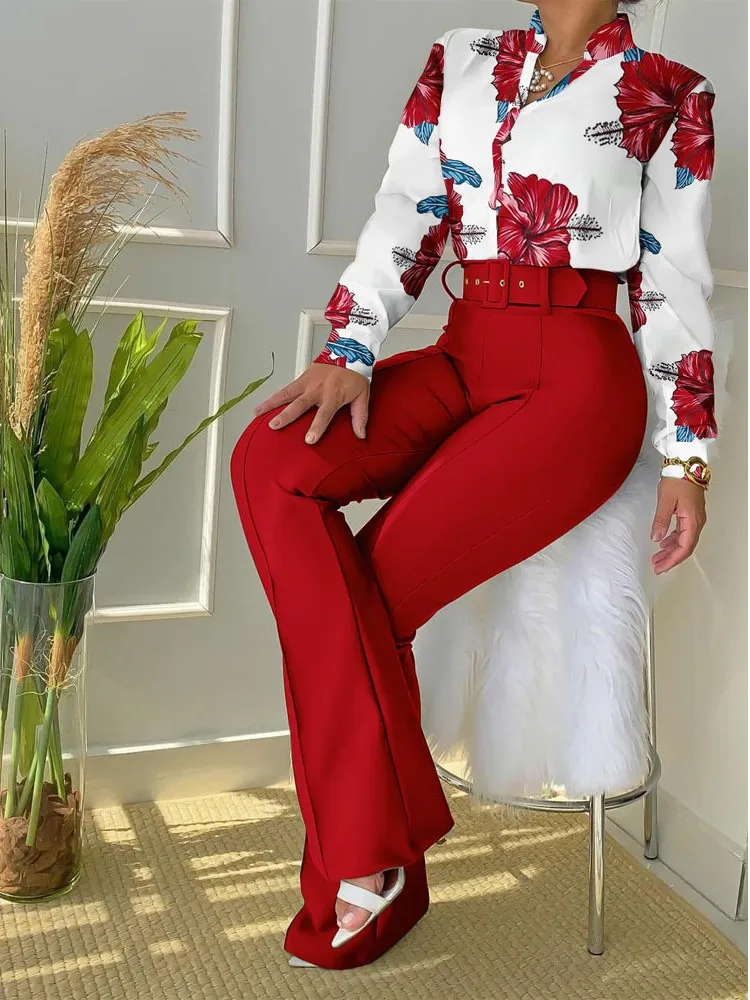 Women Casual Long Sleeve Shirt Pants Set Fashion V Neck Floral Print Shirt Trousers Two Piece Set Outfit