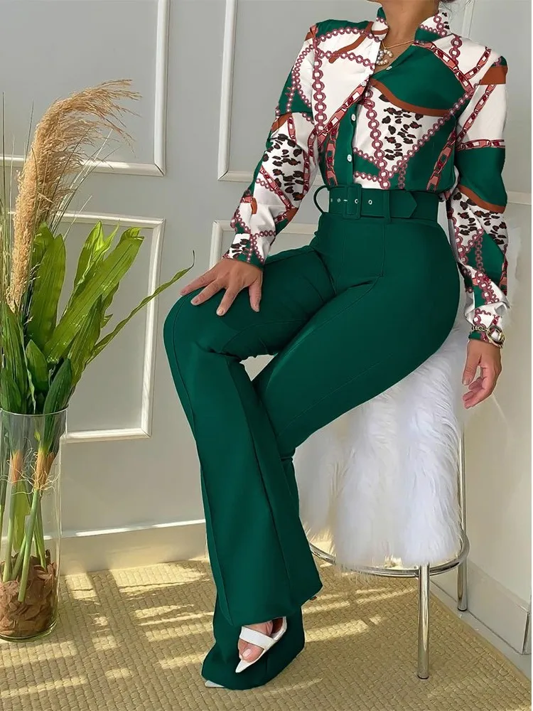 Women Casual Long Sleeve Shirt Pants Set Fashion V Neck Floral Print Shirt Trousers Two Piece Set Outfit