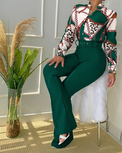 Women Casual Long Sleeve Shirt Pants Set Fashion V Neck Floral Print Shirt Trousers Two Piece Set Outfit