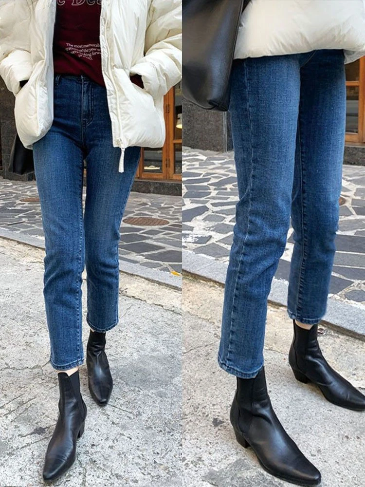 Women Deep Blue Jeans High Waist Straight Leg Retro Style Cigarette Pipe Denim Pant New Slouchy Jeans