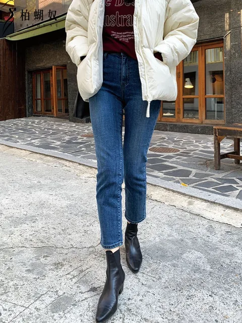 Women Deep Blue Jeans High Waist Straight Leg Retro Style Cigarette Pipe Denim Pant New Slouchy Jeans