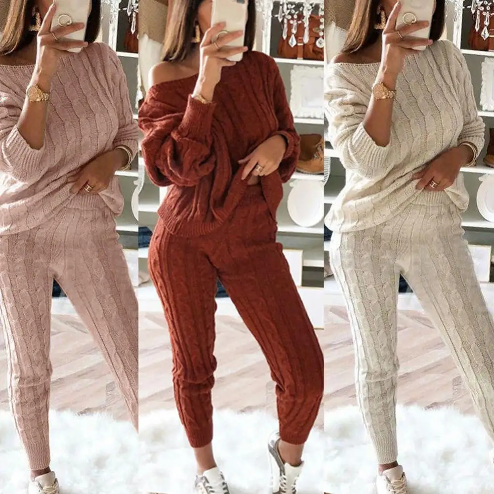 Women's Solid Color Knitted Pants Suit Long-sleeved Knitted Casual Two-piece Thick Sweater Pajama Set