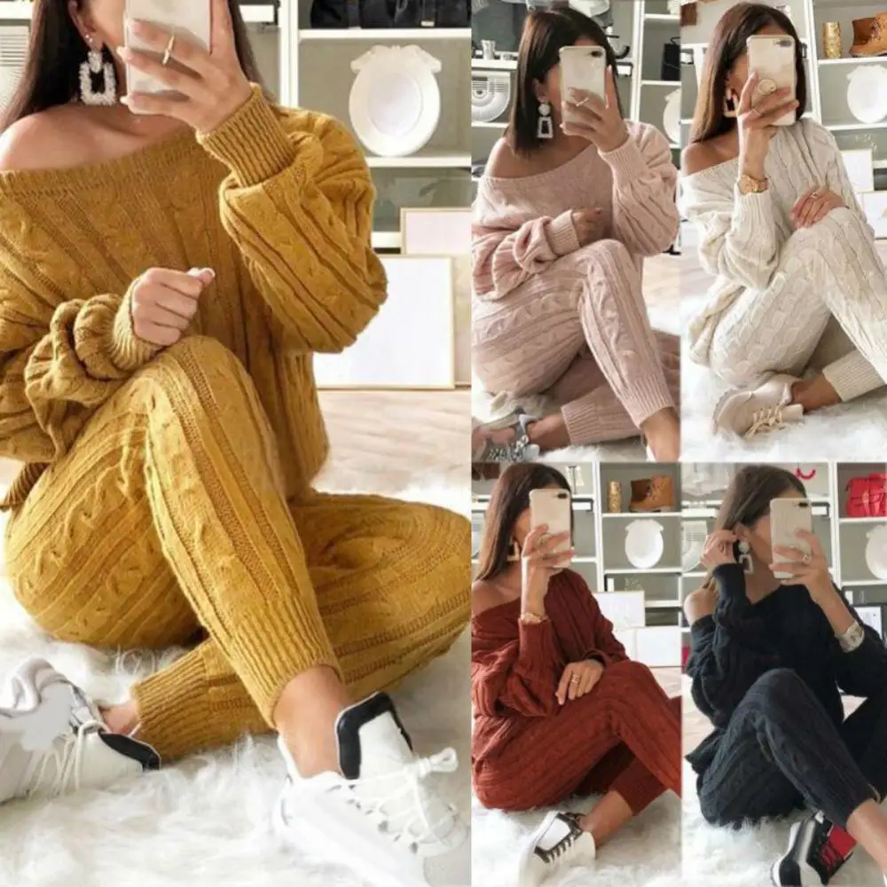 Women's Solid Color Knitted Pants Suit Long-sleeved Knitted Casual Two-piece Thick Sweater Pajama Set