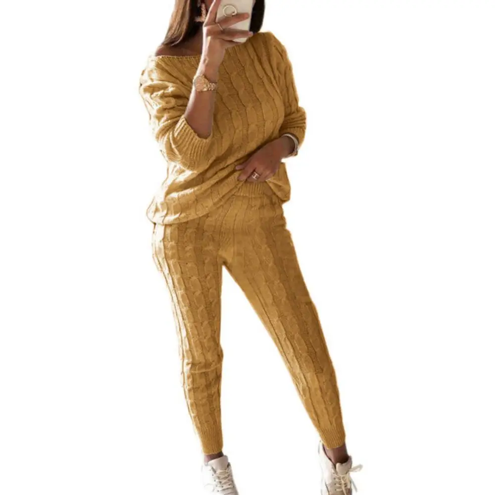 Women's Solid Color Knitted Pants Suit Long-sleeved Knitted Casual Two-piece Thick Sweater Pajama Set