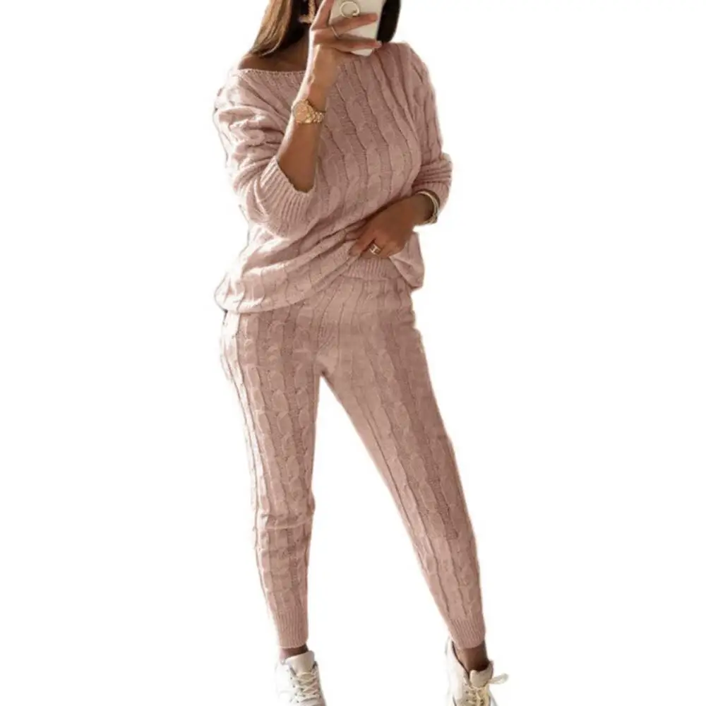 Women's Solid Color Knitted Pants Suit Long-sleeved Knitted Casual Two-piece Thick Sweater Pajama Set