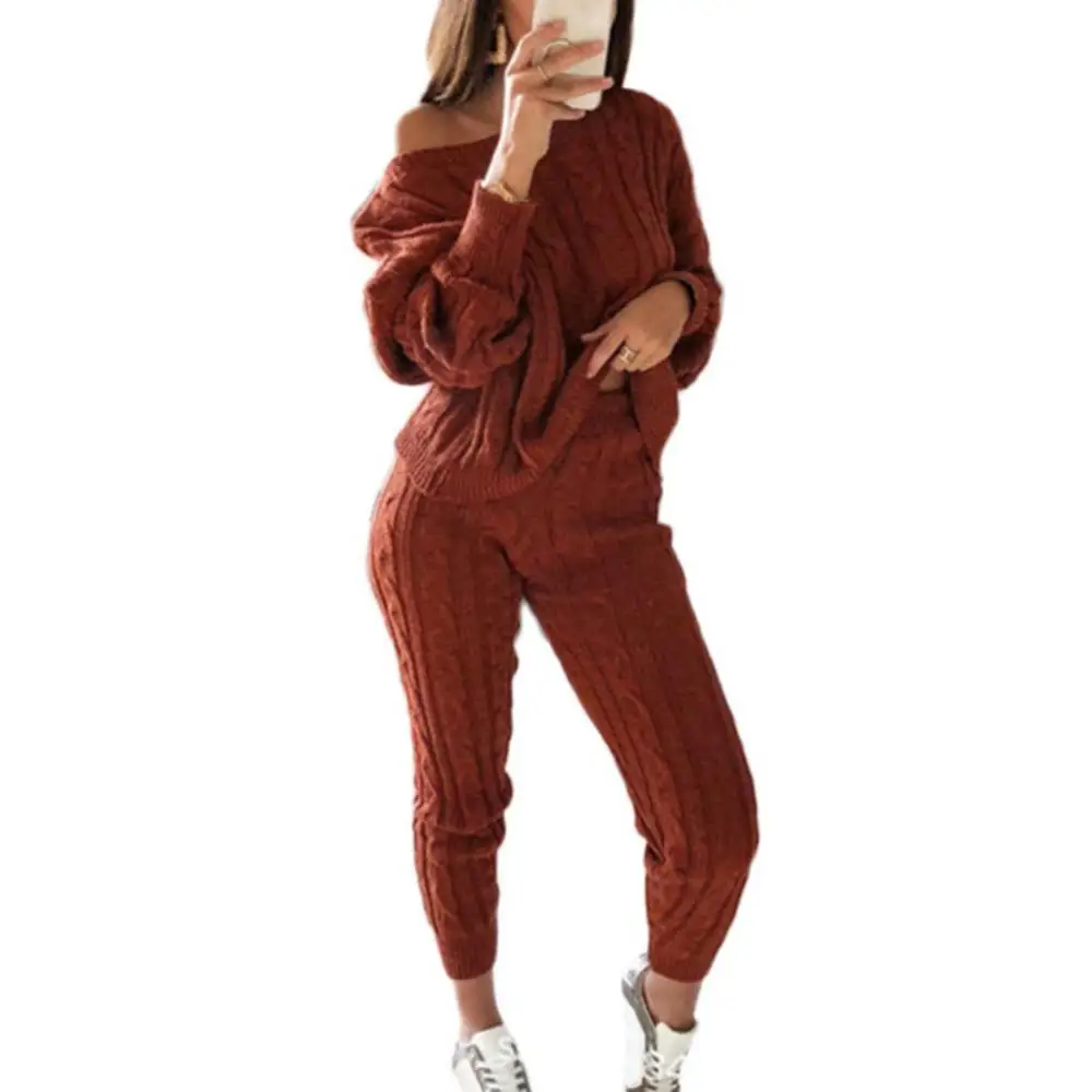 Women's Solid Color Knitted Pants Suit Long-sleeved Knitted Casual Two-piece Thick Sweater Pajama Set