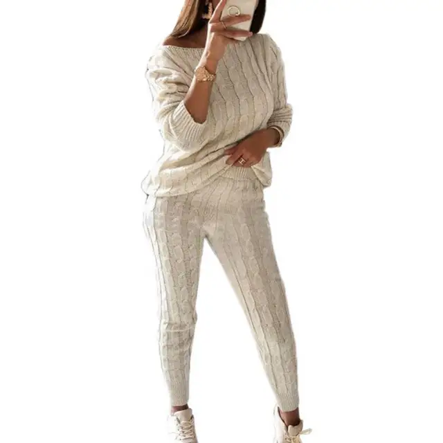 Women's Solid Color Knitted Pants Suit Long-sleeved Knitted Casual Two-piece Thick Sweater Pajama Set