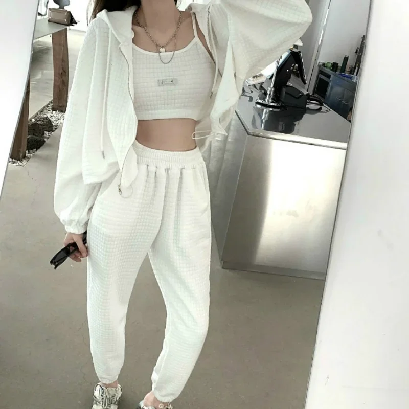 Women Spring Zip 3-piece Sets Long-Sleeved Hooded Jacket Sweatshirts+sleevess Tank+long Pants Fashion Solid Loose Suits